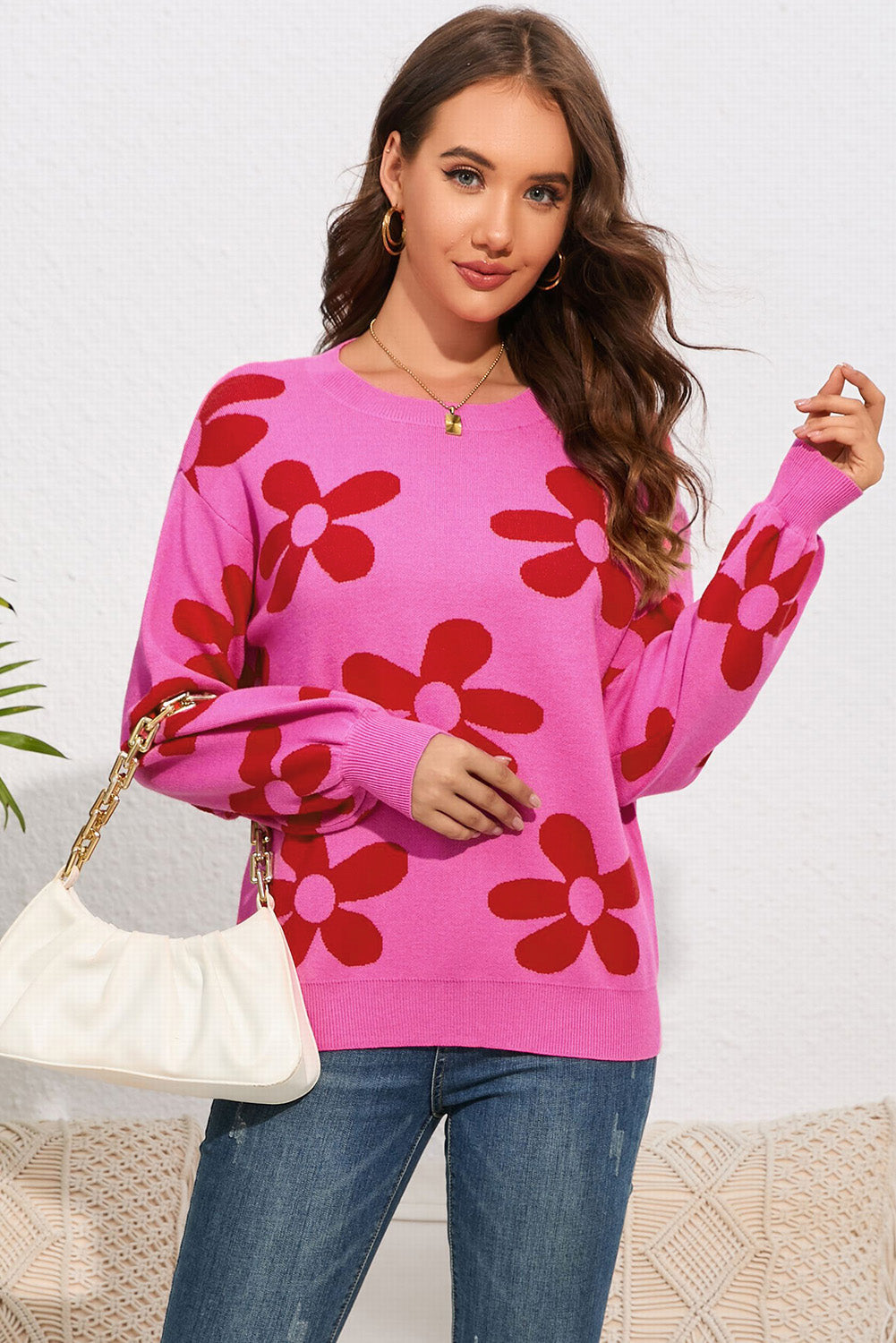 Floral Print Round Neck Dropped Shoulder Sweater Print on any thing USA/STOD clothes