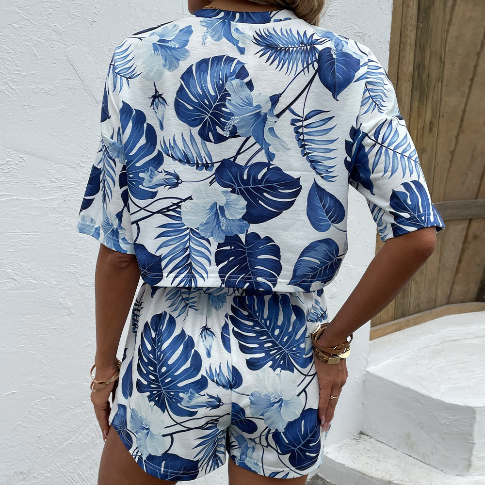 Floral Print Round Neck Dropped Shoulder Top and Shorts Set Print on any thing USA/STOD clothes