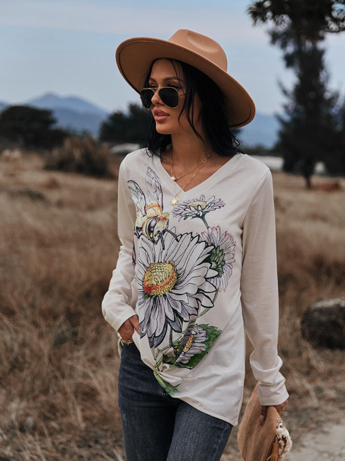 Floral Print Twisted V-Neck Long Sleeve Tee Print on any thing USA/STOD clothes