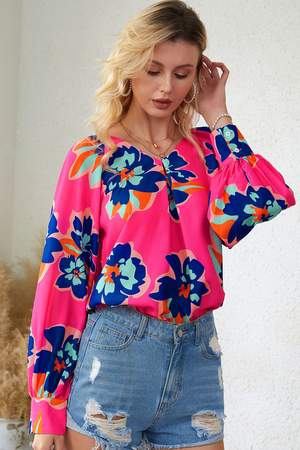 Floral Print V-Neck Lantern Sleeve Blouse Print on any thing USA/STOD clothes