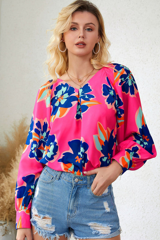 Floral Print V-Neck Lantern Sleeve Blouse Print on any thing USA/STOD clothes