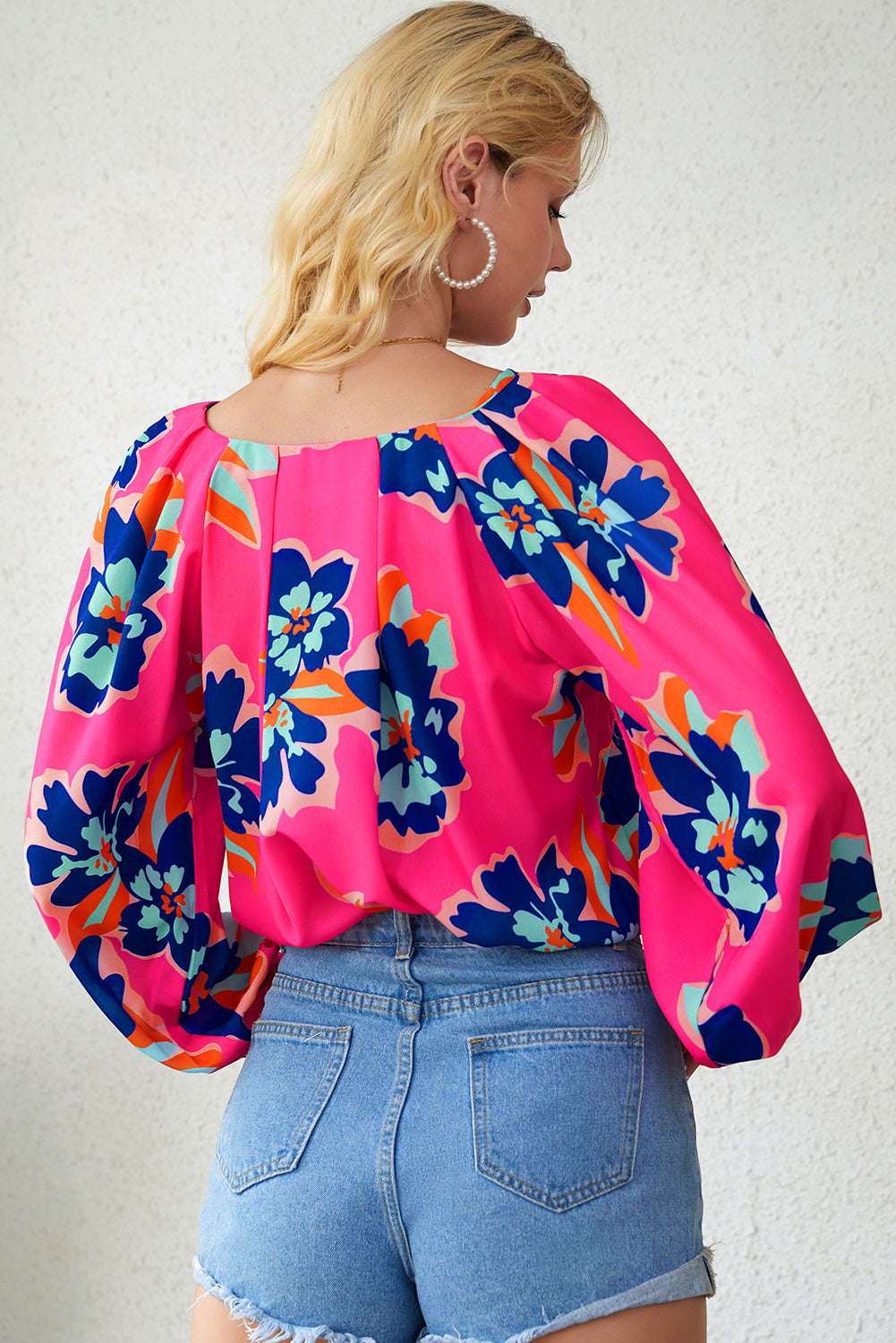 Floral Print V-Neck Lantern Sleeve Blouse Print on any thing USA/STOD clothes