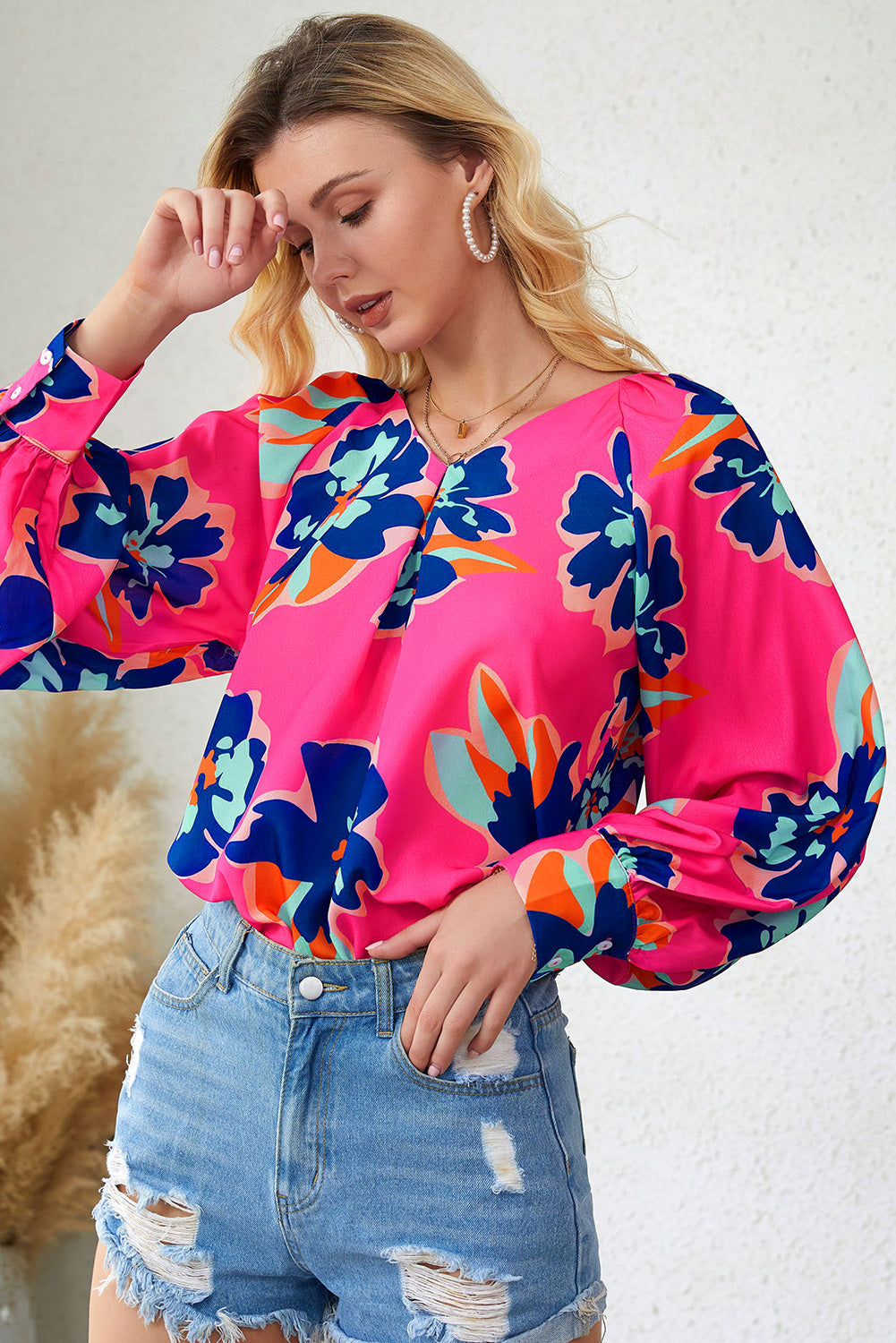 Floral Print V-Neck Lantern Sleeve Blouse Print on any thing USA/STOD clothes