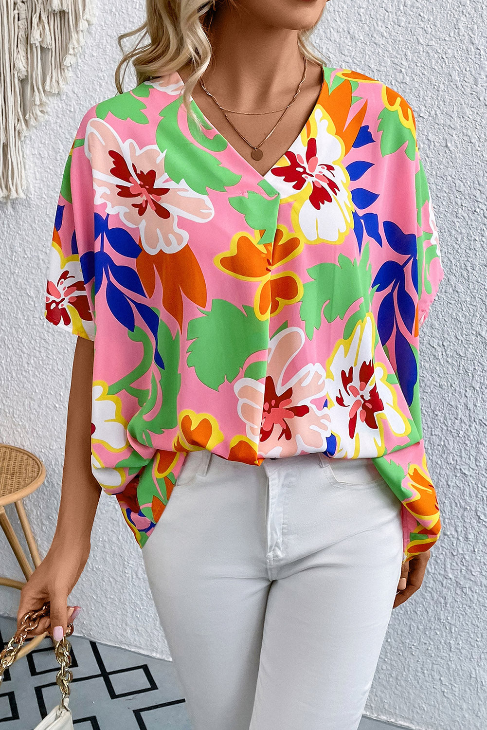 Floral Print V-Neck Short Raglan Sleeve Blouse Print on any thing USA/STOD clothes