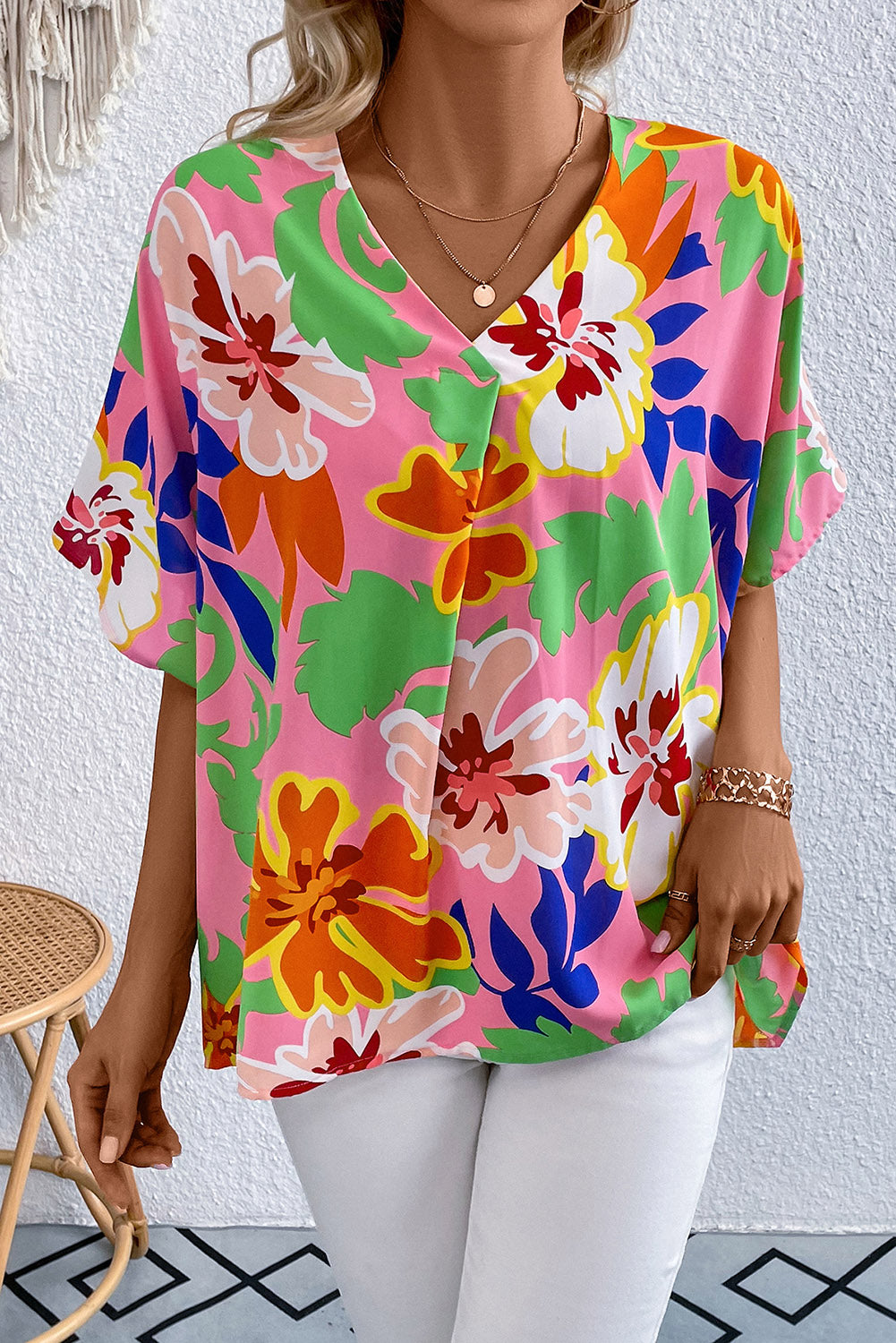 Floral Print V-Neck Short Raglan Sleeve Blouse Print on any thing USA/STOD clothes