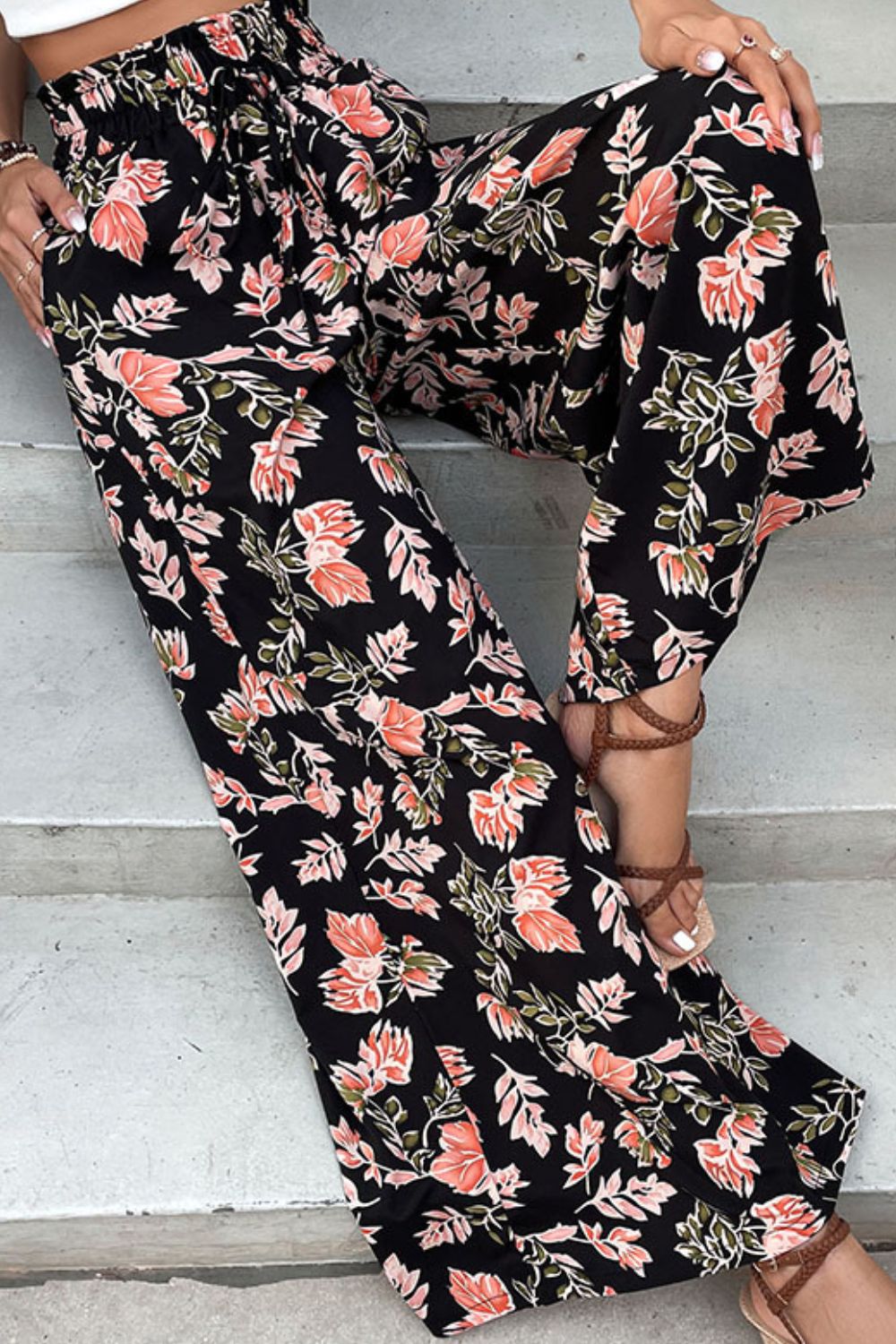 Floral Pull-On Wide Leg Pants Print on any thing USA/STOD clothes