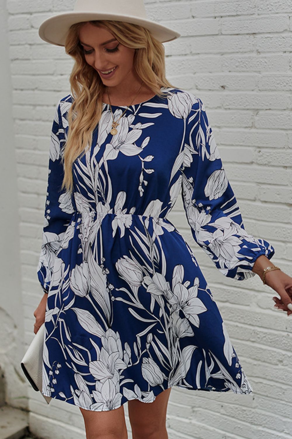 Floral Round Neck Balloon Sleeve Mini Dress Print on any thing USA/STOD clothes