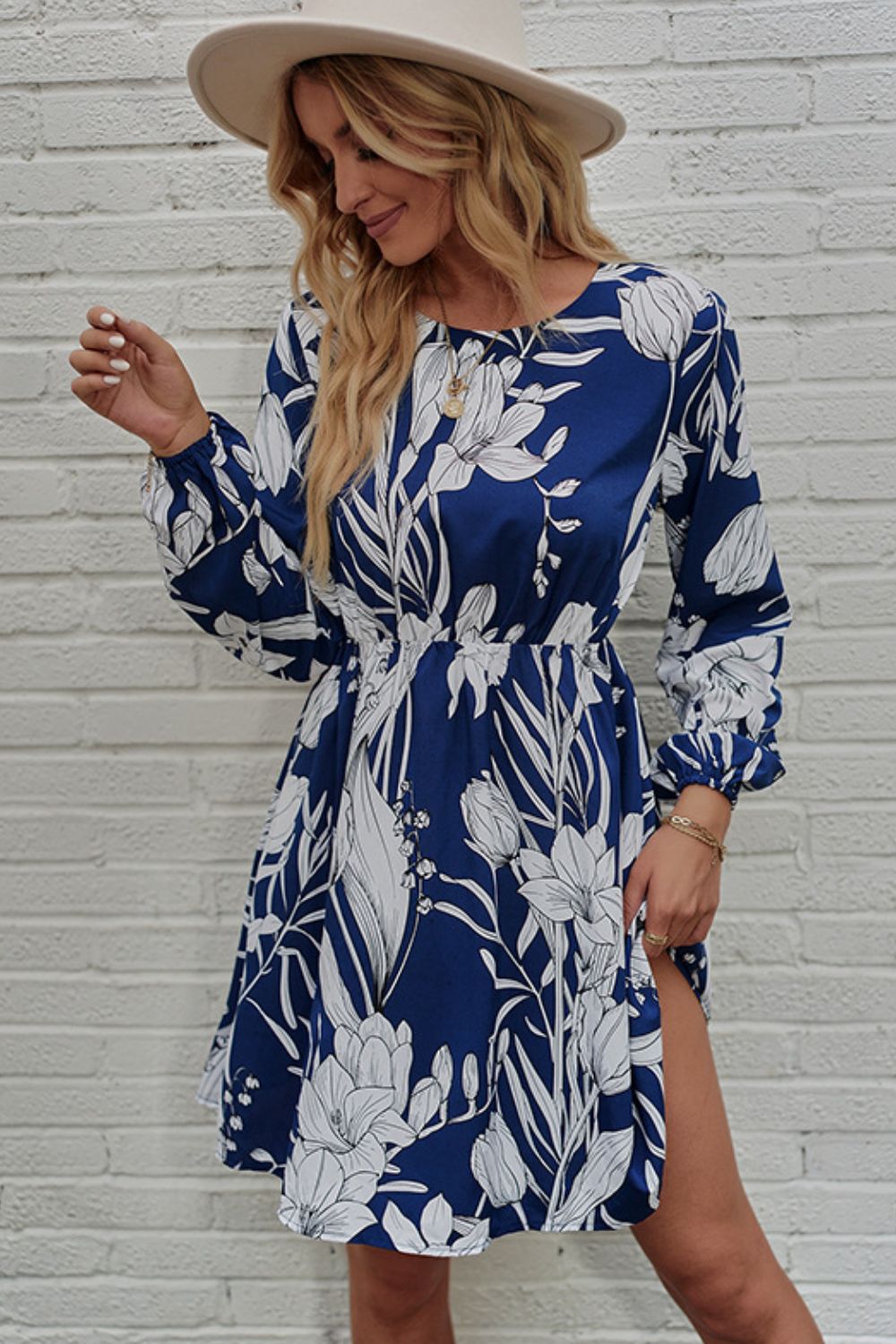 Floral Round Neck Balloon Sleeve Mini Dress Print on any thing USA/STOD clothes