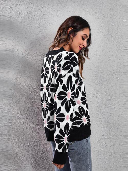 Floral Round Neck Long Sleeve Sweater Print on any thing USA/STOD clothes