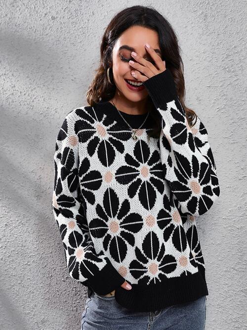 Floral Round Neck Long Sleeve Sweater Print on any thing USA/STOD clothes