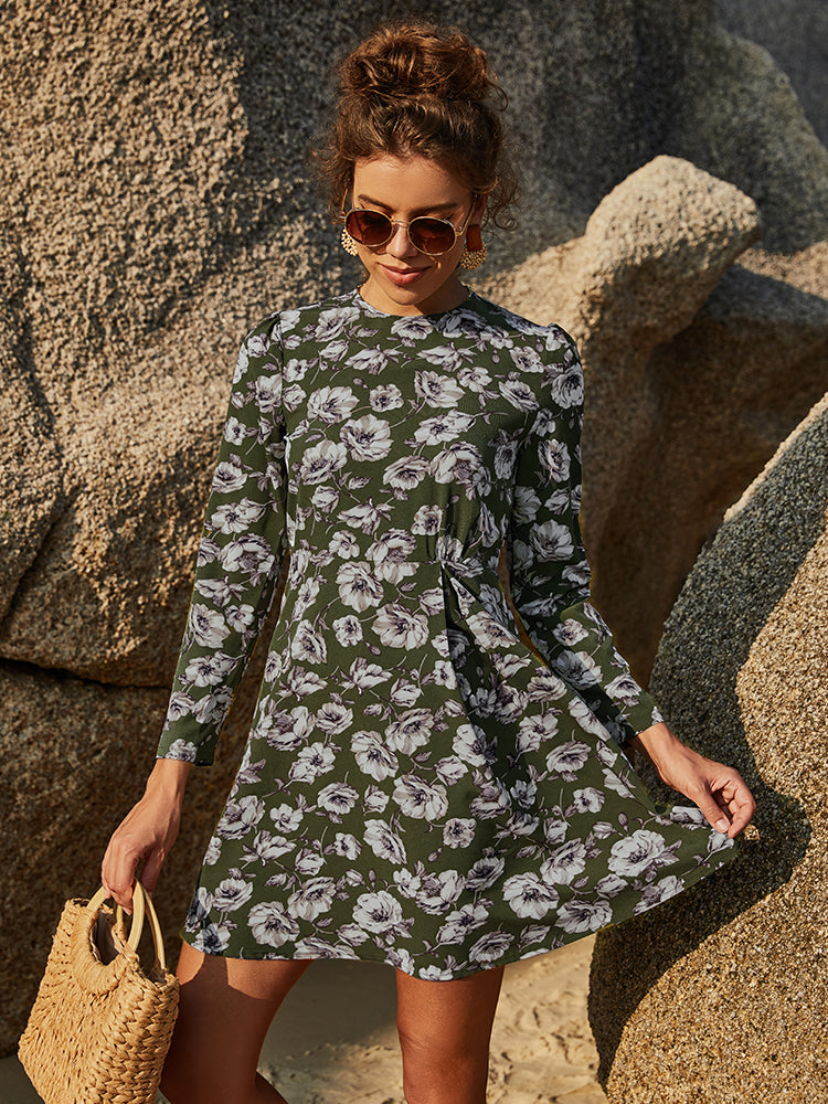 Floral Round Neck Puff Sleeve Mini Dress Print on any thing USA/STOD clothes