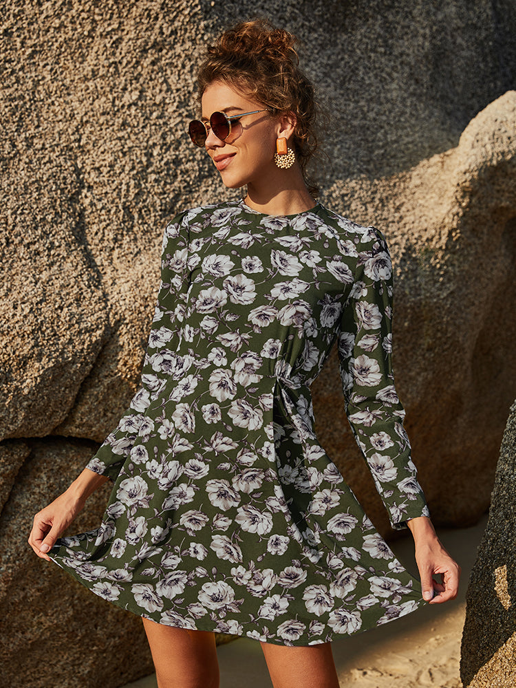 Floral Round Neck Puff Sleeve Mini Dress Print on any thing USA/STOD clothes