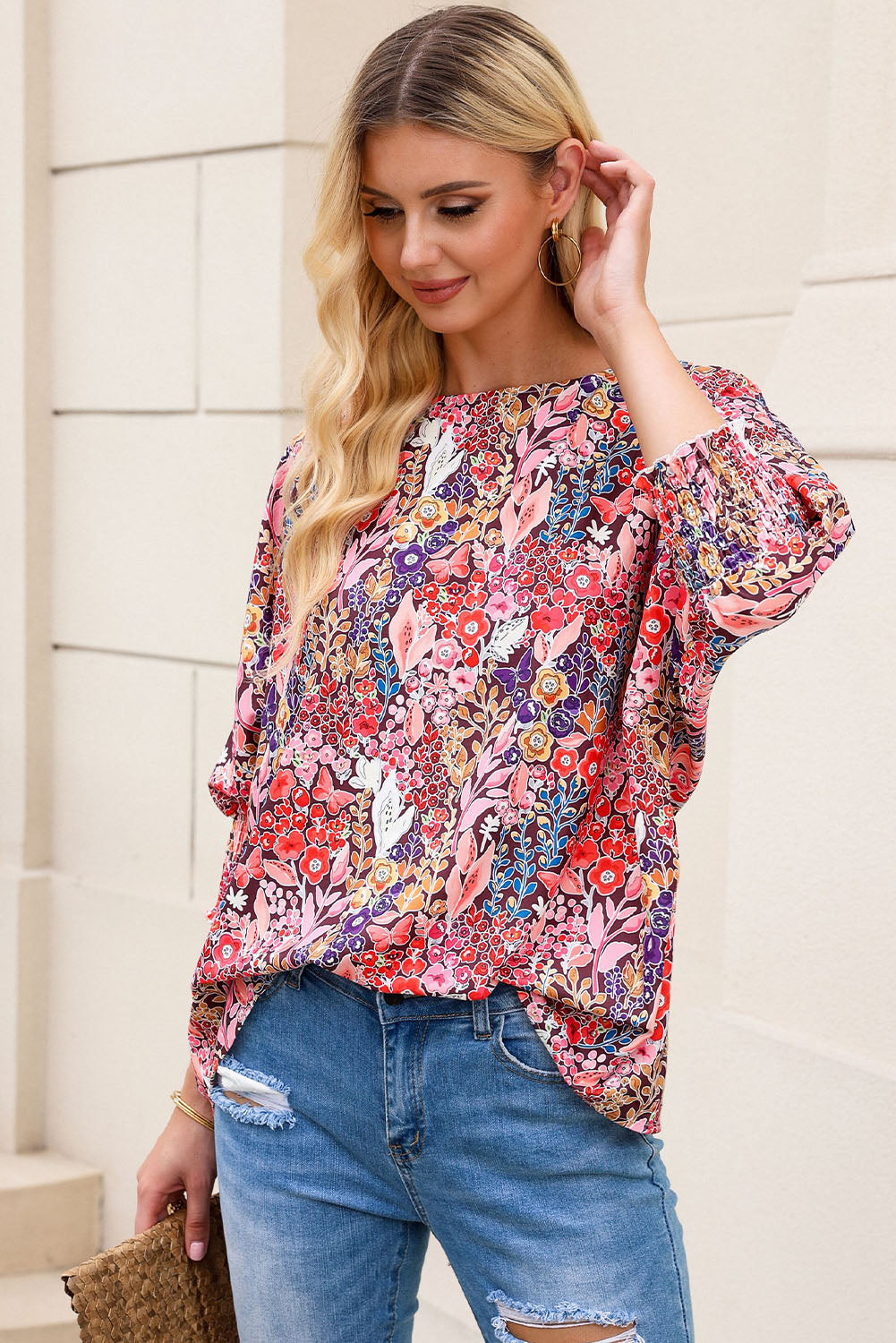 Floral Round Neck Three-Quarter Sleeve Top Print on any thing USA/STOD clothes