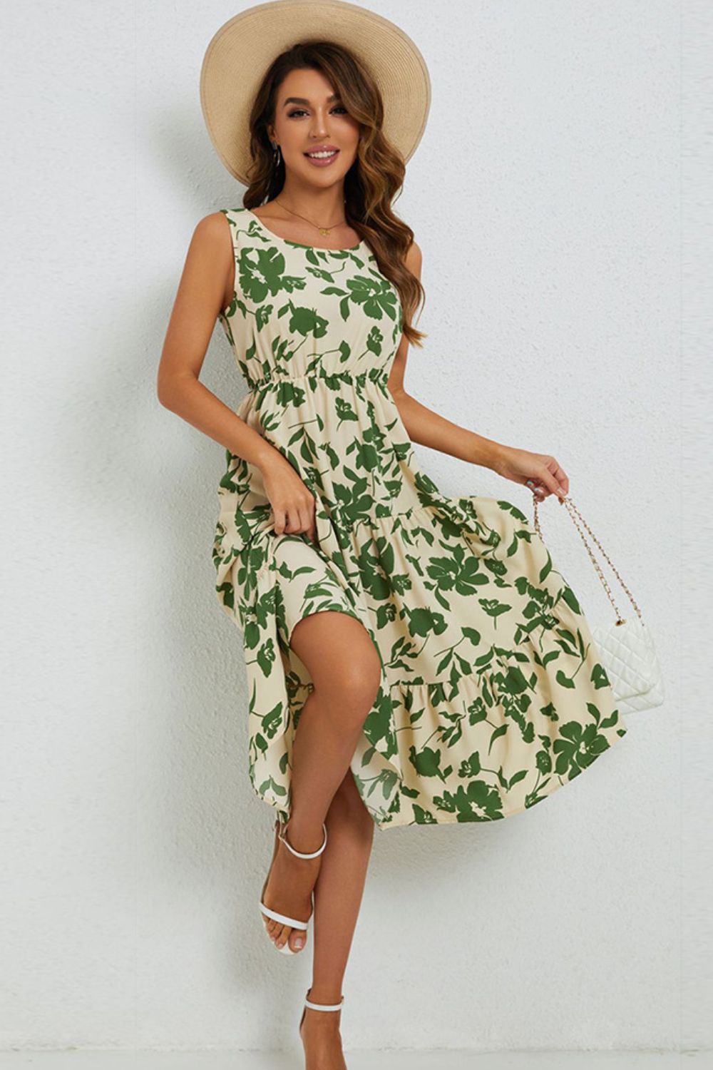 Floral Round Neck Tiered Sleeveless Dress Print on any thing USA/STOD clothes