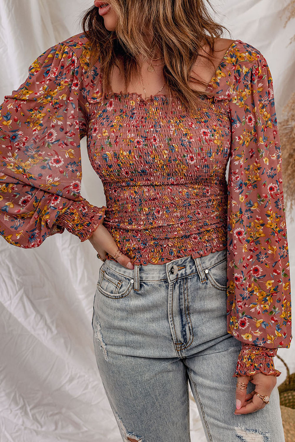 Floral Smocked Lantern Sleeve Blouse Print on any thing USA/STOD clothes