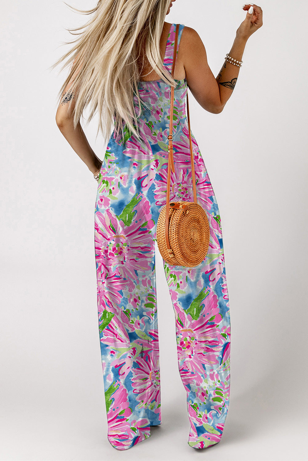 Floral Smocked Square Neck Jumpsuit with Pockets Print on any thing USA/STOD clothes