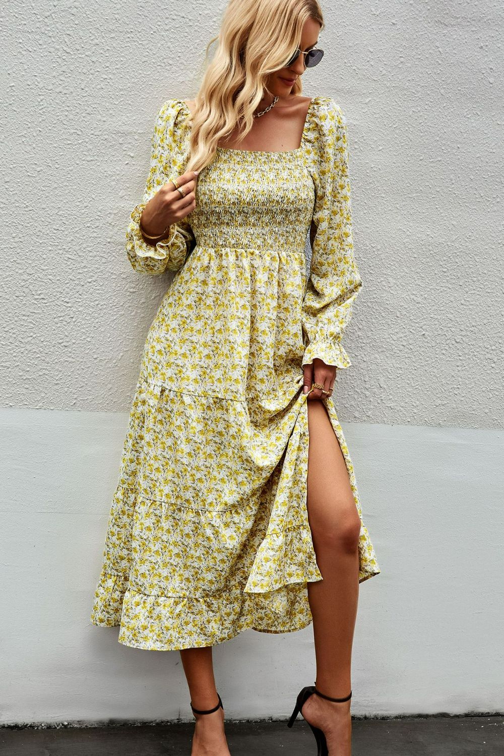 Floral Smocked Square Neck Slit Midi Dress Print on any thing USA/STOD clothes