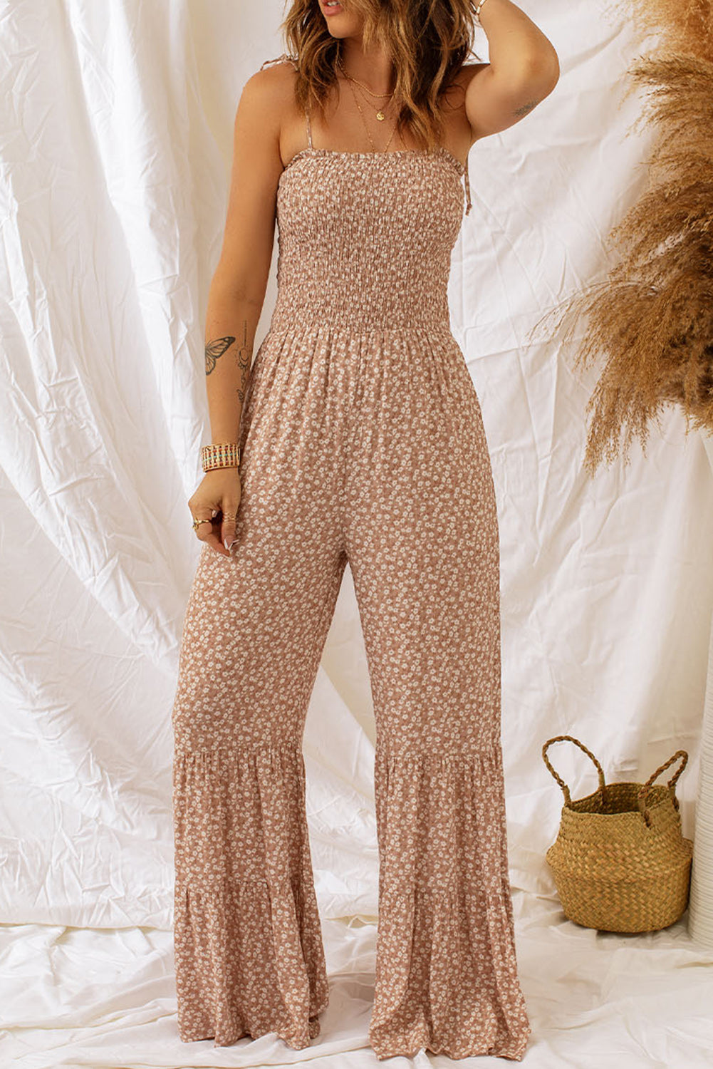Floral Spaghetti Strap Smocked Wide Leg Jumpsuit Print on any thing USA/STOD clothes