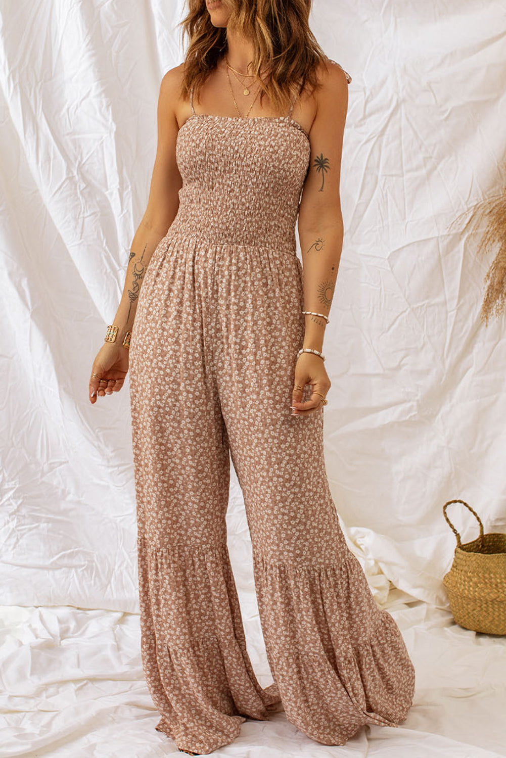 Floral Spaghetti Strap Smocked Wide Leg Jumpsuit Print on any thing USA/STOD clothes