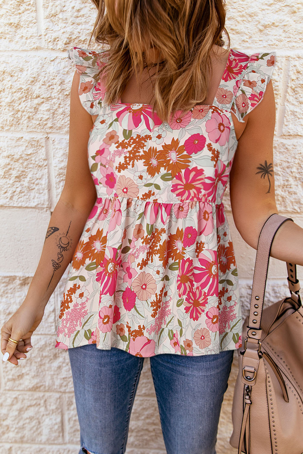 Floral Square Neck Babydoll Top Print on any thing USA/STOD clothes