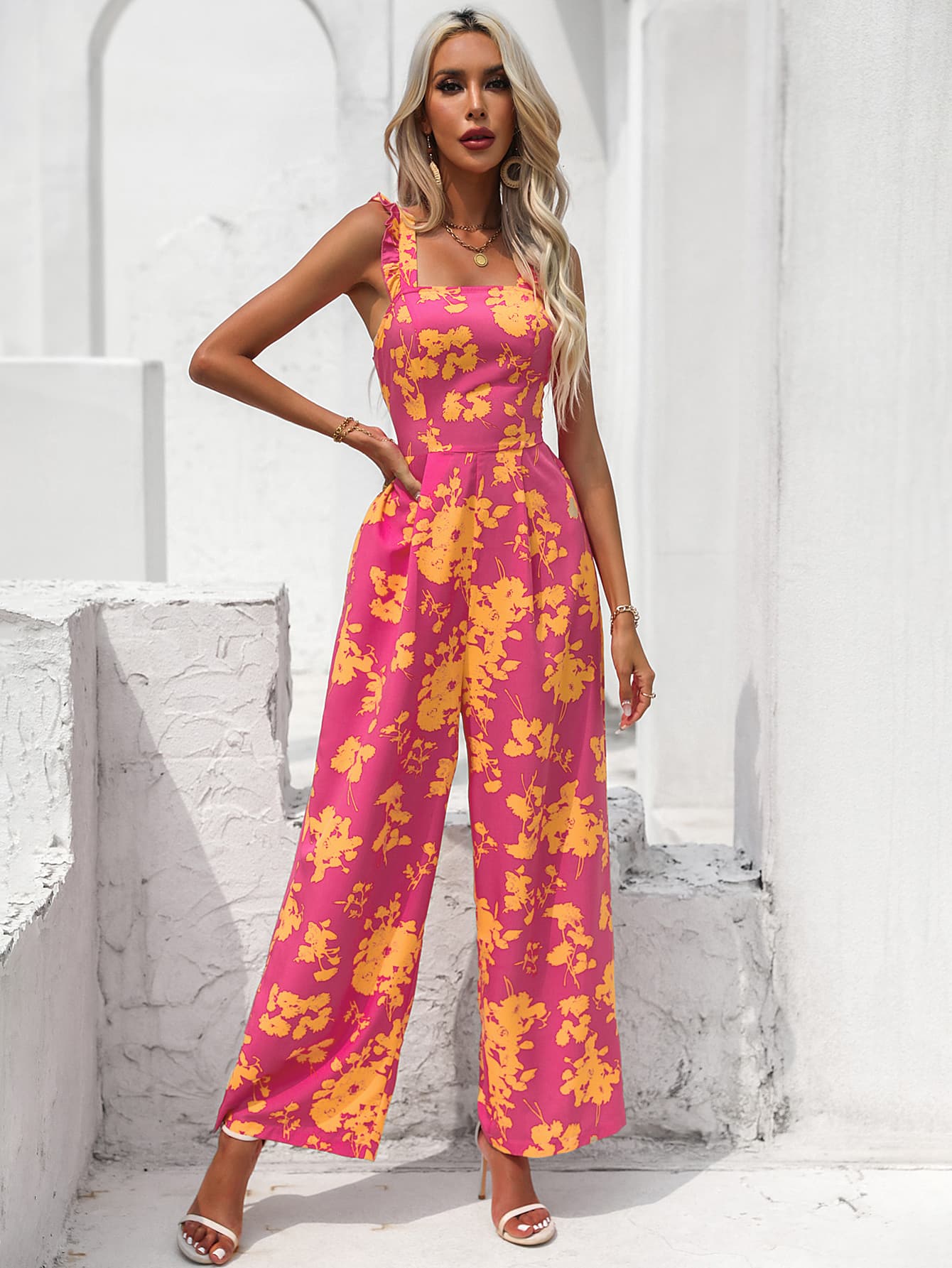 Floral Square Neck Cutout Tie Back Jumpsuit Print on any thing USA/STOD clothes
