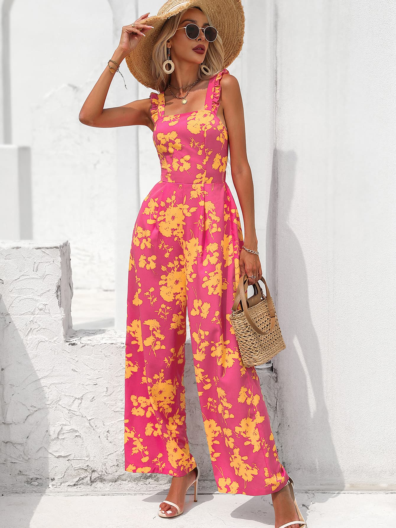 Floral Square Neck Cutout Tie Back Jumpsuit Print on any thing USA/STOD clothes