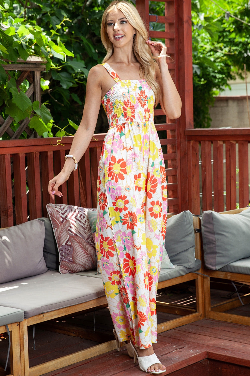 Floral Square Neck Smocked Wide Leg Jumpsuit Print on any thing USA/STOD clothes