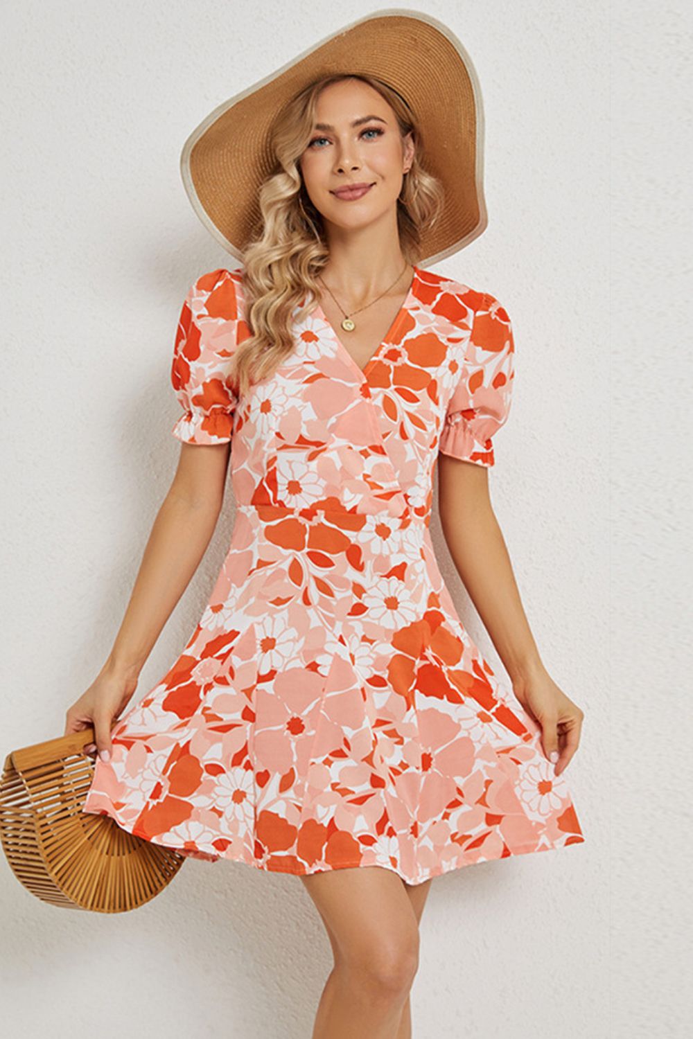 Floral Surplice Neck Flounce Sleeve Dress Print on any thing USA/STOD clothes