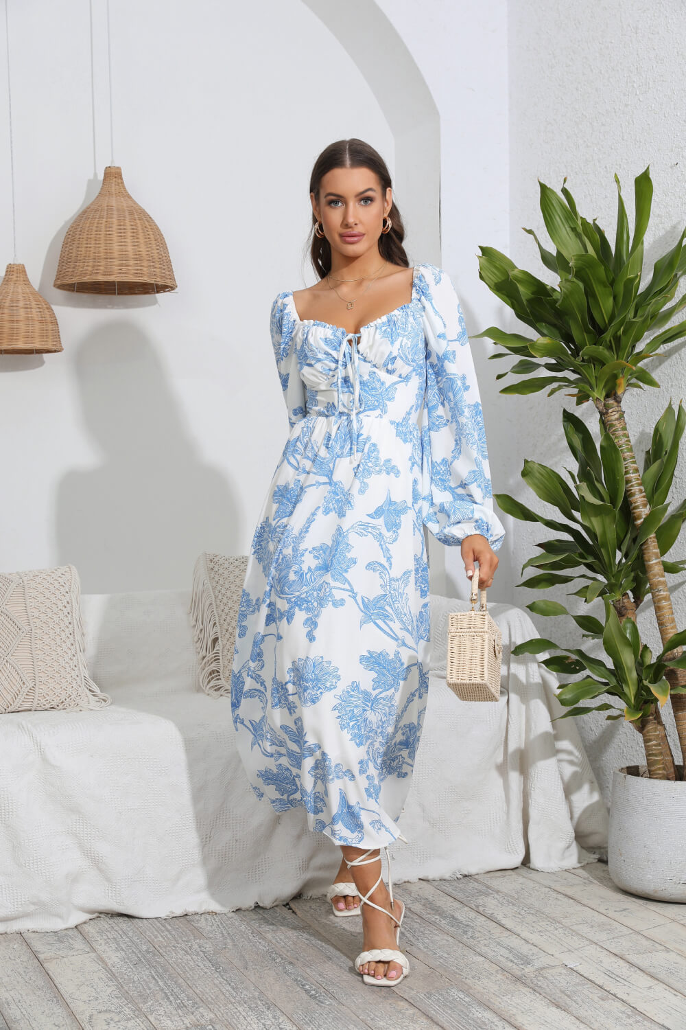 Floral Tie Front Sweetheart Neck Midi Dress Print on any thing USA/STOD clothes