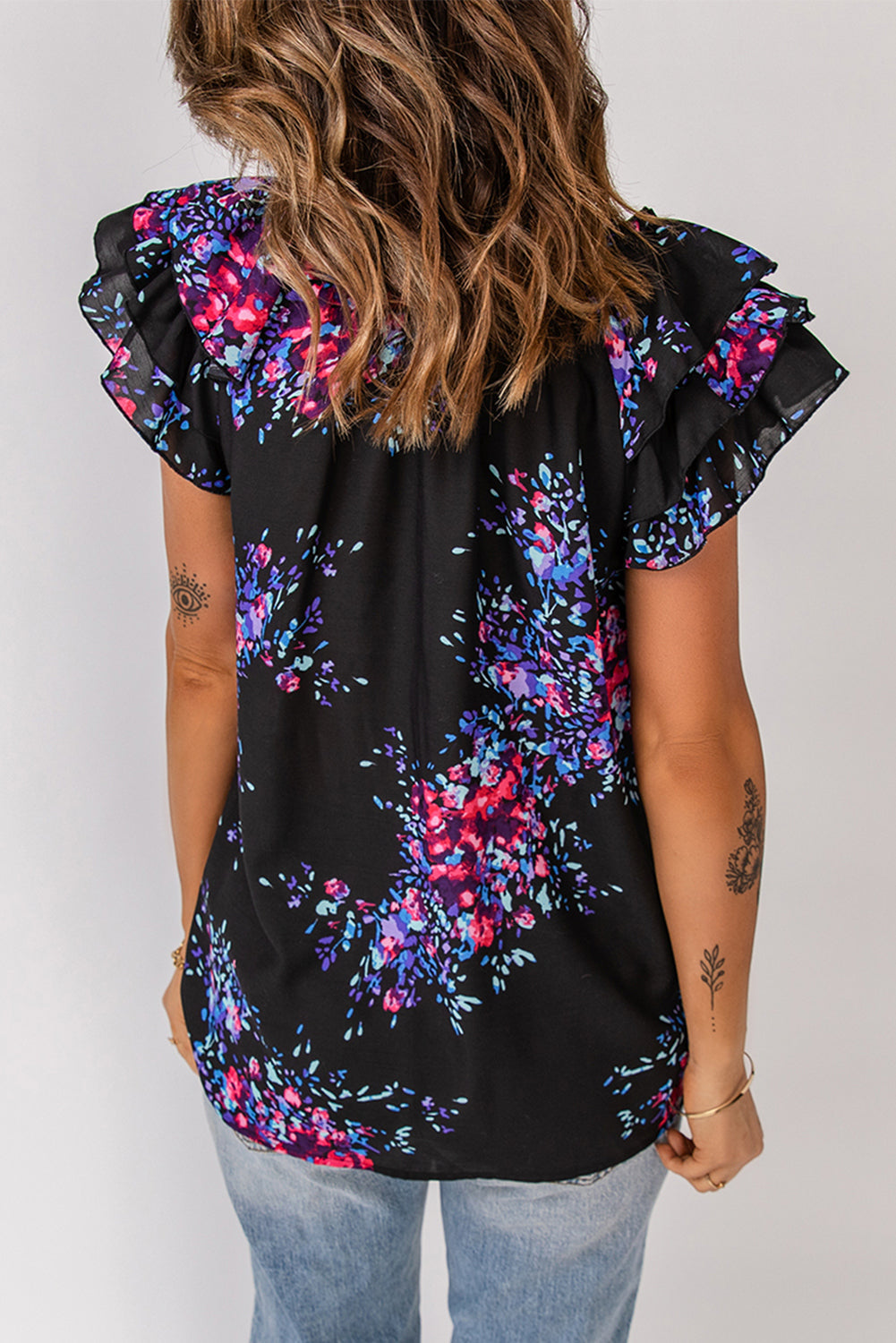 Floral Tie-Neck Flutter Sleeve Blouse Print on any thing USA/STOD clothes
