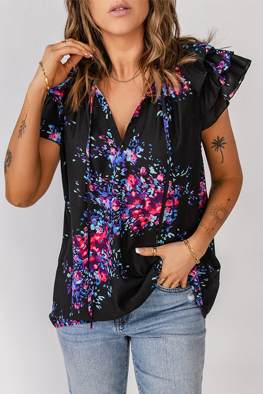 Floral Tie-Neck Flutter Sleeve Blouse Print on any thing USA/STOD clothes