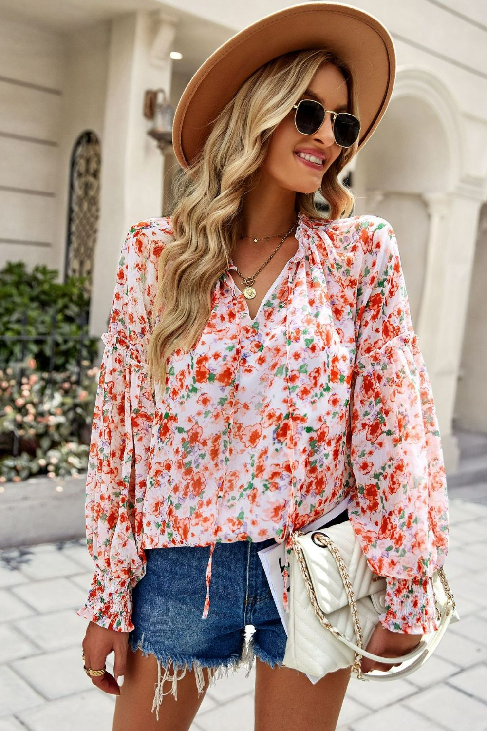 Floral Tie Neck Lantern Sleeve Blouse Print on any thing USA/STOD clothes
