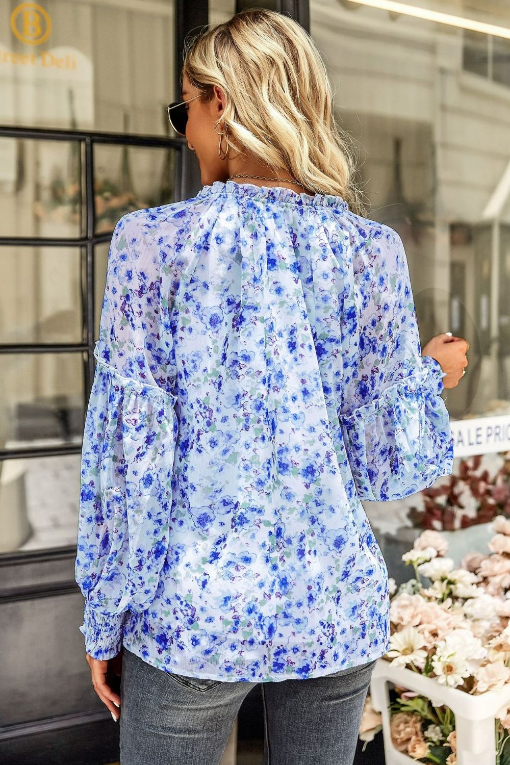 Floral Tie Neck Lantern Sleeve Blouse Print on any thing USA/STOD clothes