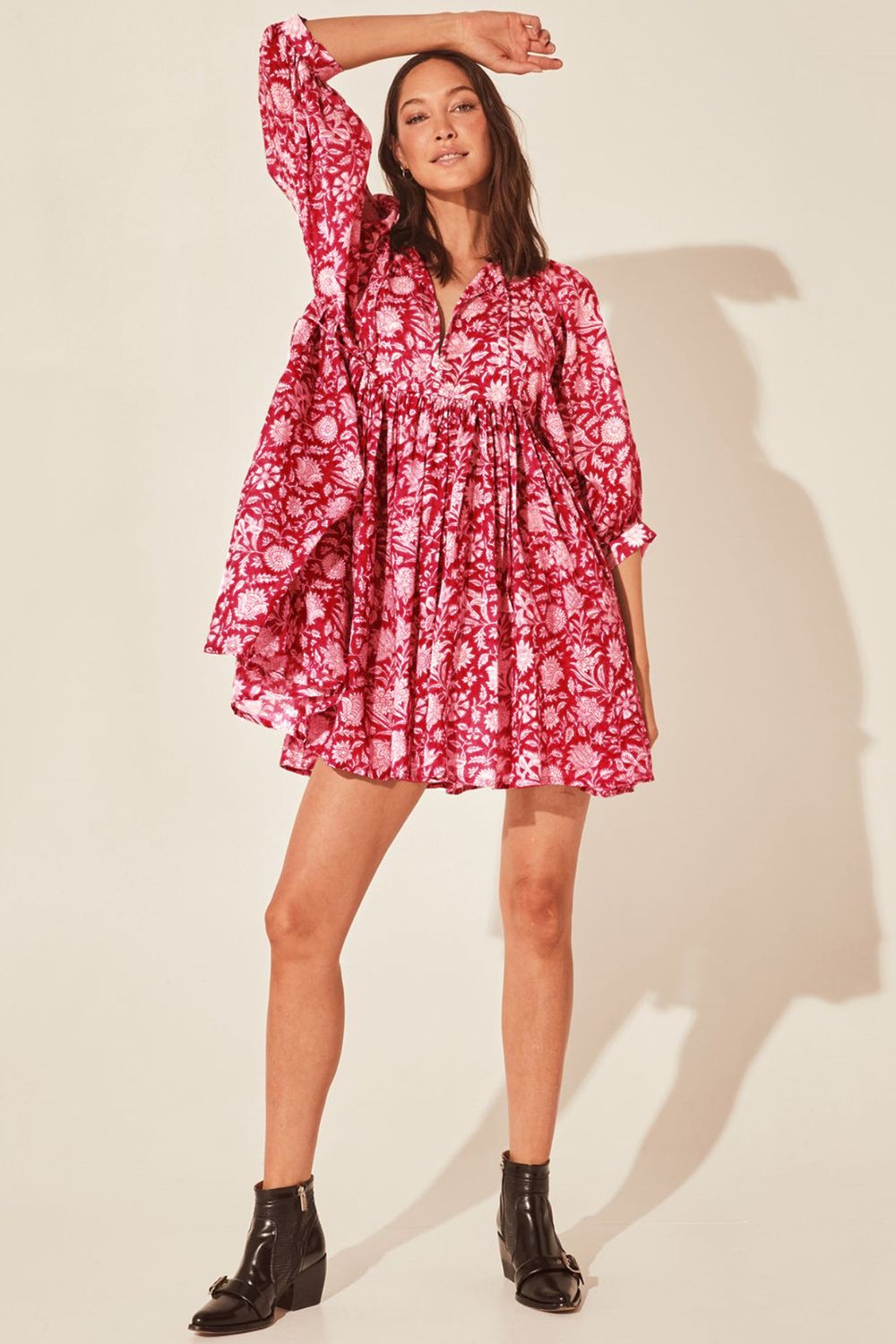 Floral Tie Neck Lantern Sleeve Dress Print on any thing USA/STOD clothes