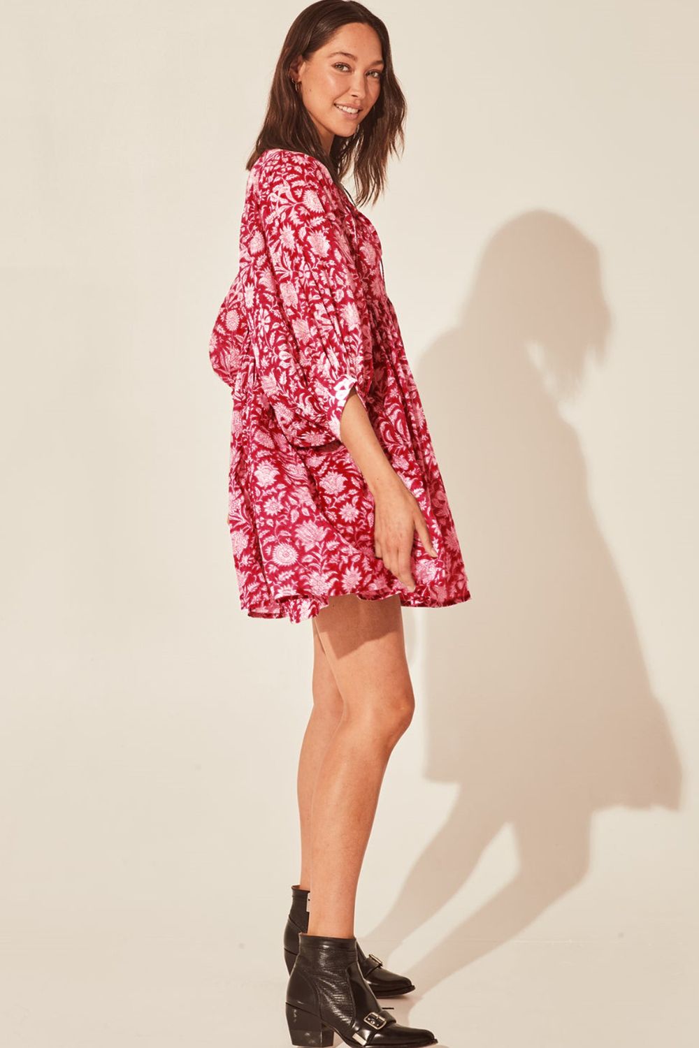 Floral Tie Neck Lantern Sleeve Dress Print on any thing USA/STOD clothes