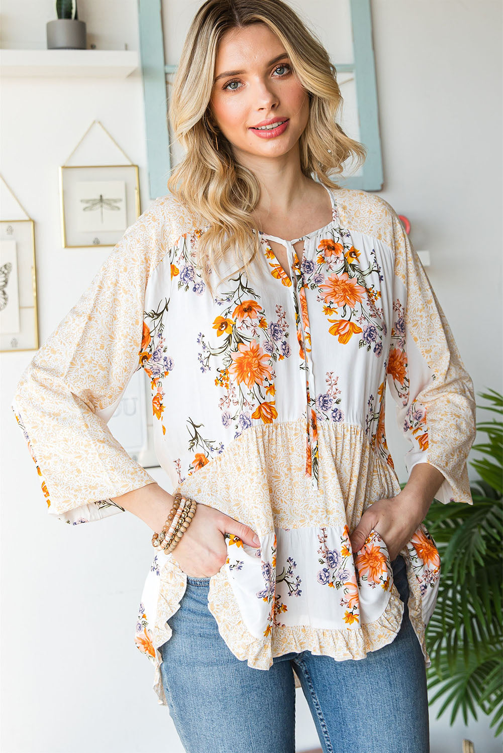 Floral Tie Neck Tiered Blouse Print on any thing USA/STOD clothes