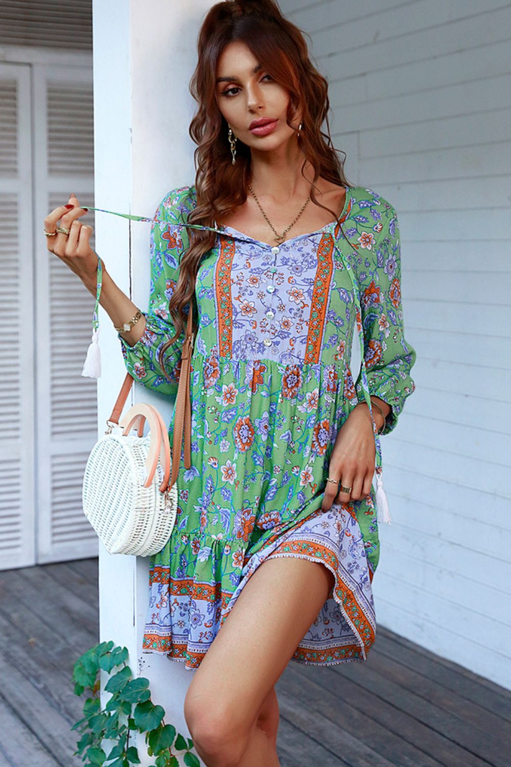 Floral Tied Balloon Sleeve Mini Dress Print on any thing USA/STOD clothes