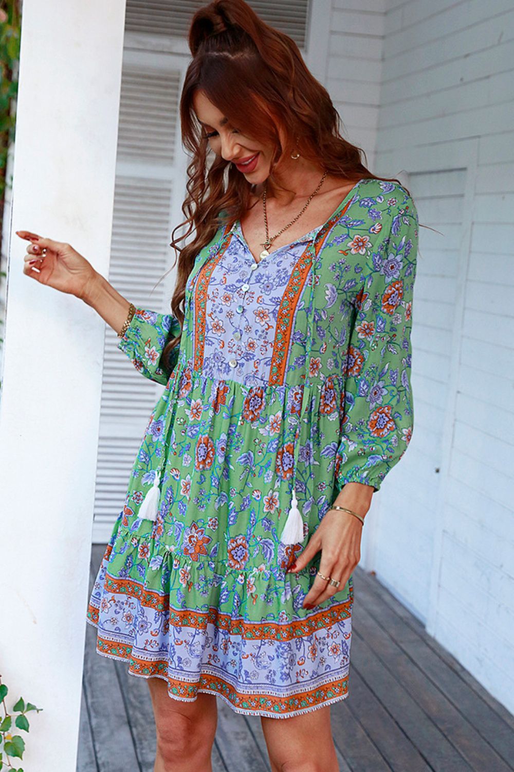 Floral Tied Balloon Sleeve Mini Dress Print on any thing USA/STOD clothes