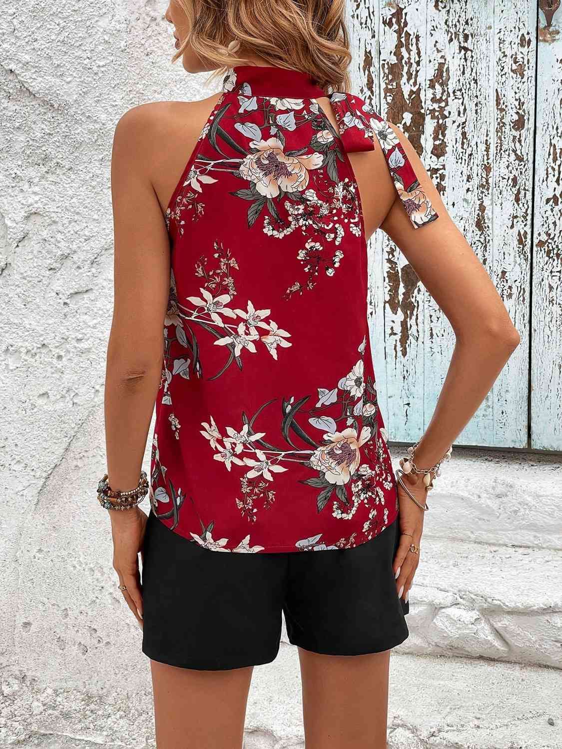 Floral Tied Mock Neck Sleeveless Top and Buttoned Shorts Set Print on any thing USA/STOD clothes