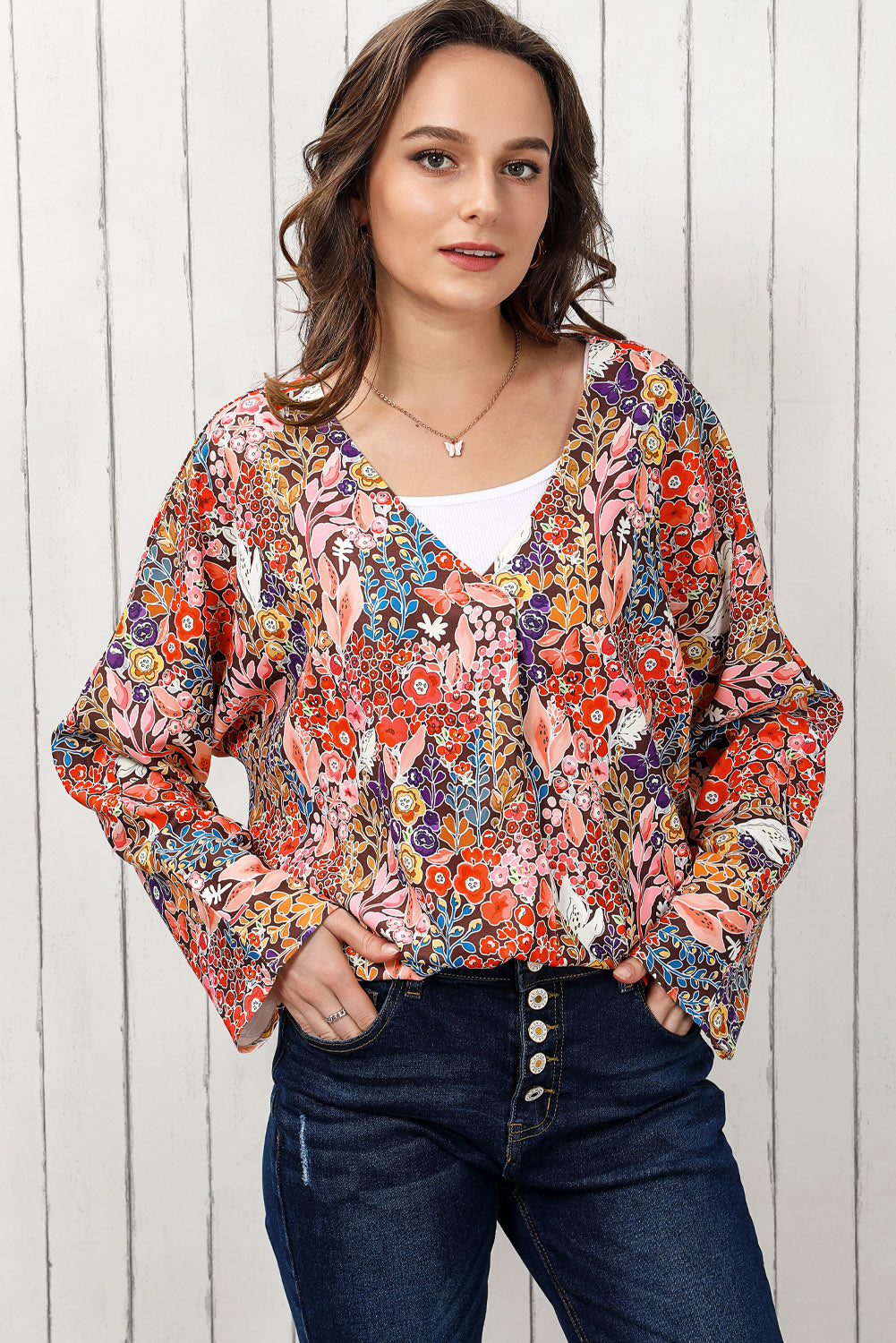 Floral V-Neck Long Sleeve Blouse Print on any thing USA/STOD clothes