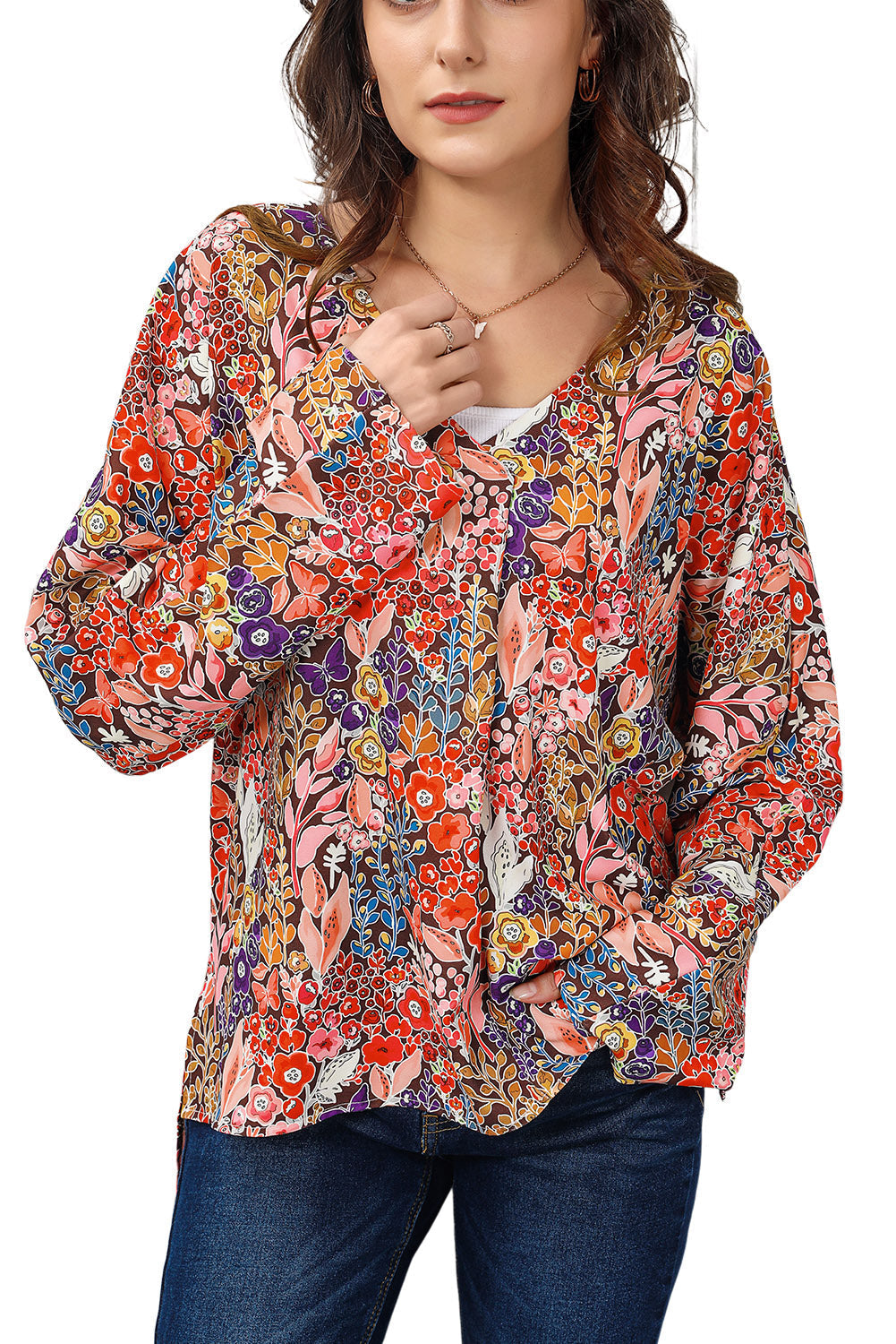 Floral V-Neck Long Sleeve Blouse Print on any thing USA/STOD clothes