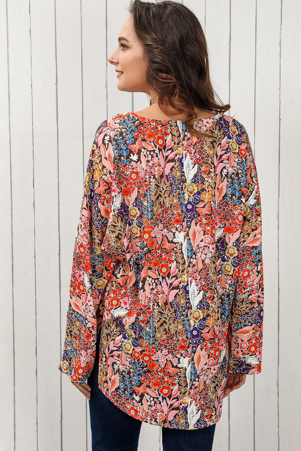 Floral V-Neck Long Sleeve Blouse Print on any thing USA/STOD clothes