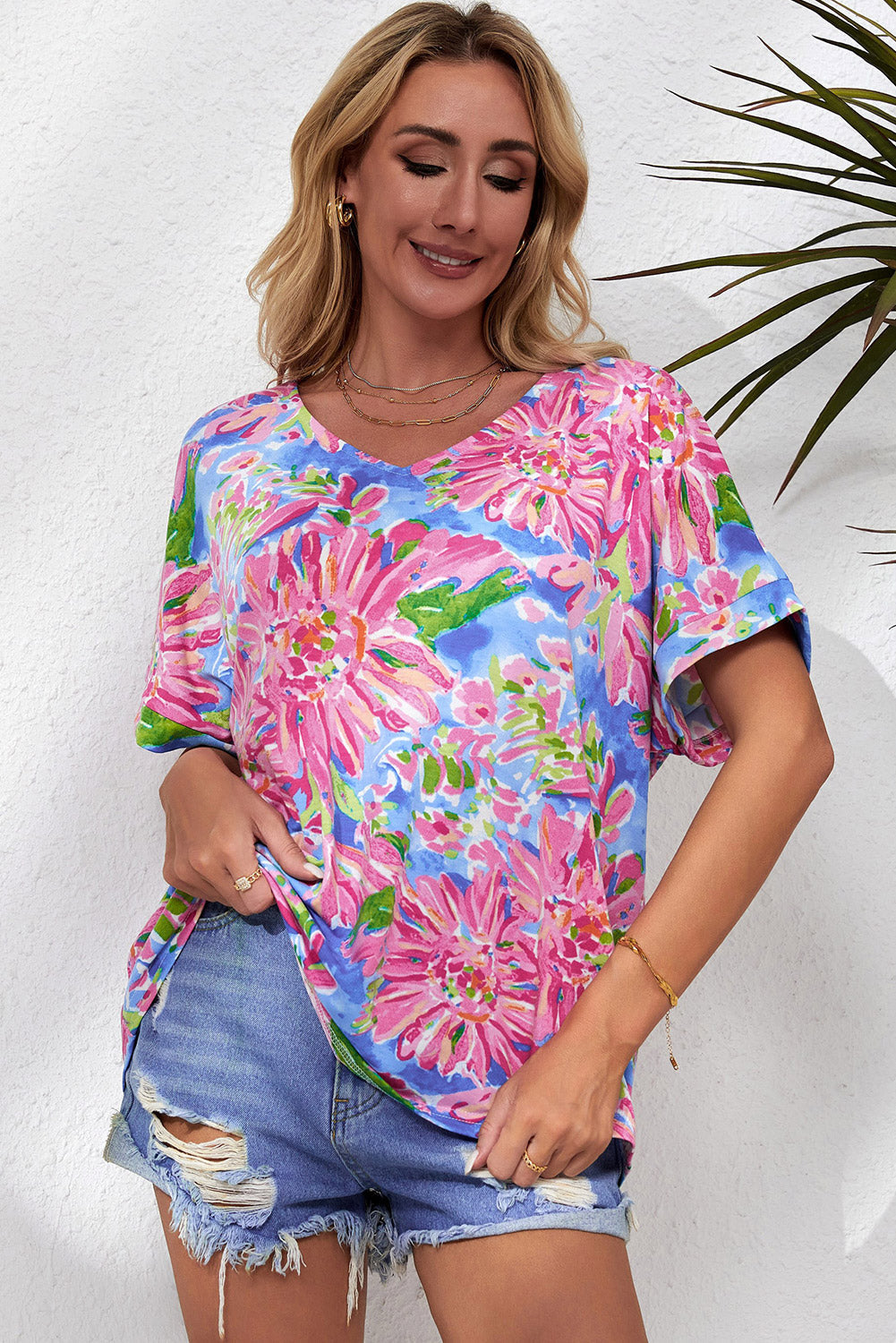 Floral V-Neck Short Sleeve Blouse Print on any thing USA/STOD clothes