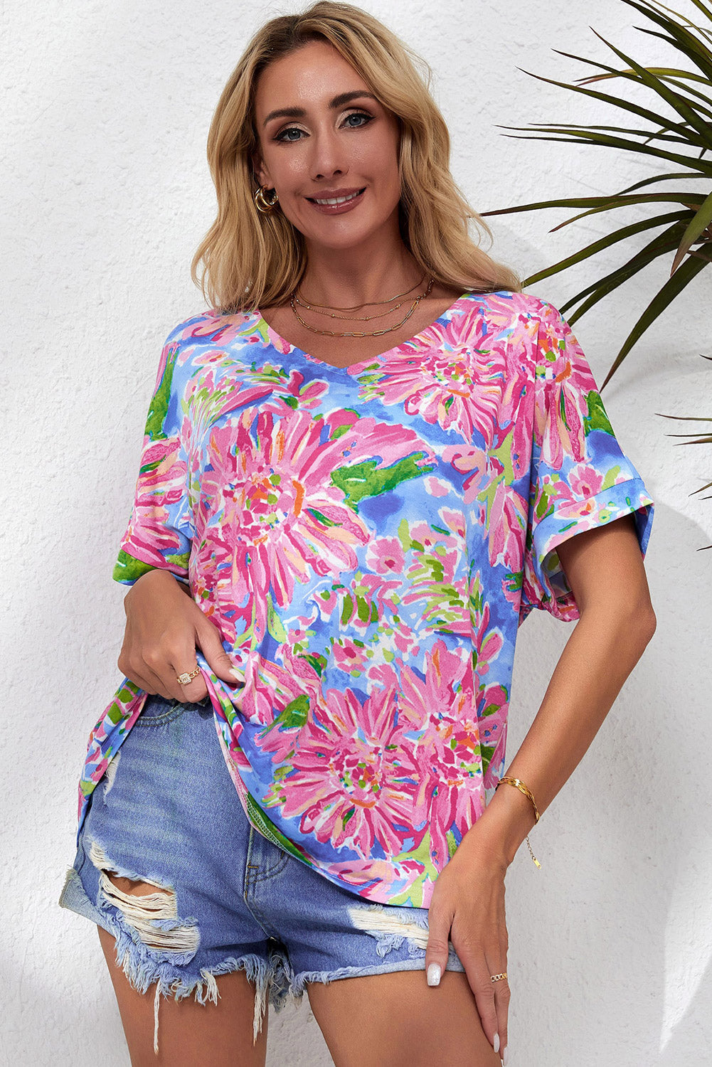 Floral V-Neck Short Sleeve Blouse Print on any thing USA/STOD clothes