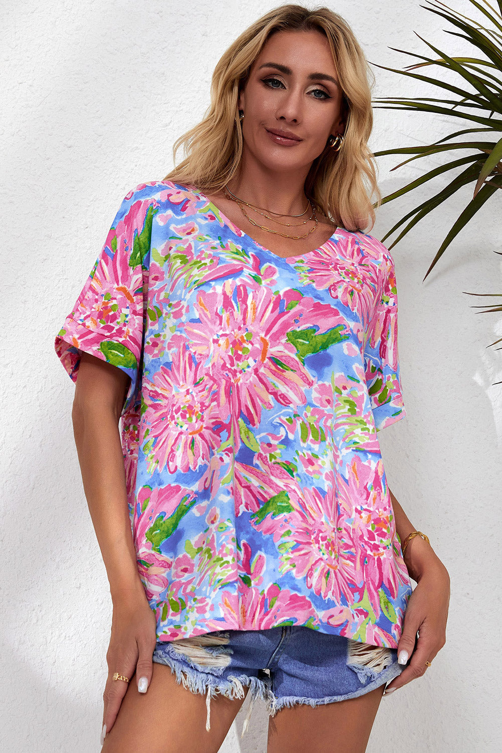 Floral V-Neck Short Sleeve Blouse Print on any thing USA/STOD clothes