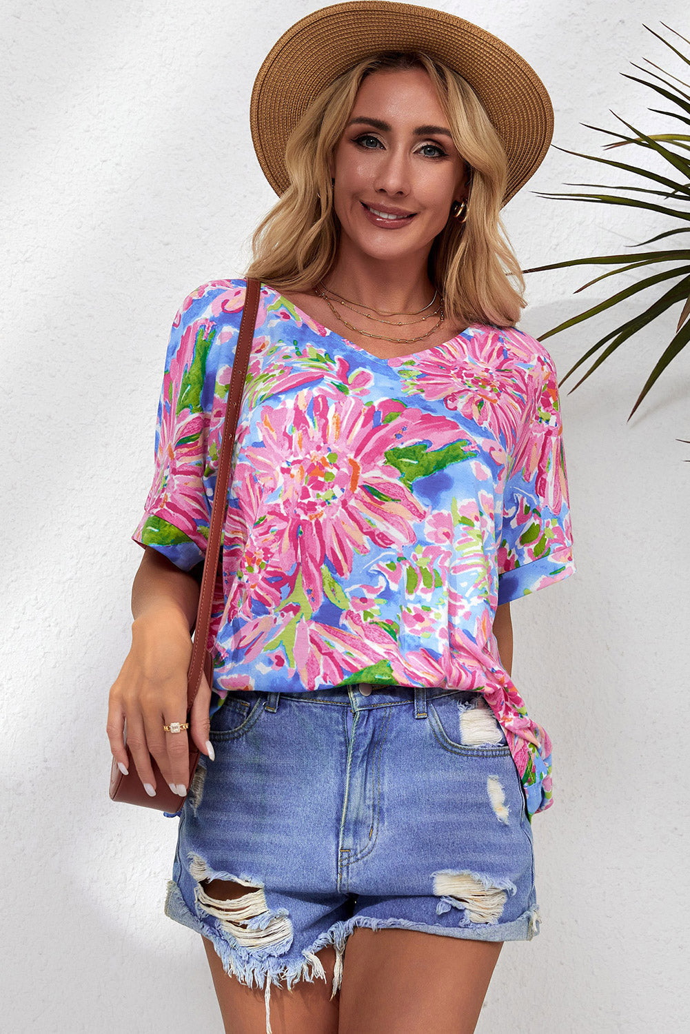 Floral V-Neck Short Sleeve Blouse Print on any thing USA/STOD clothes