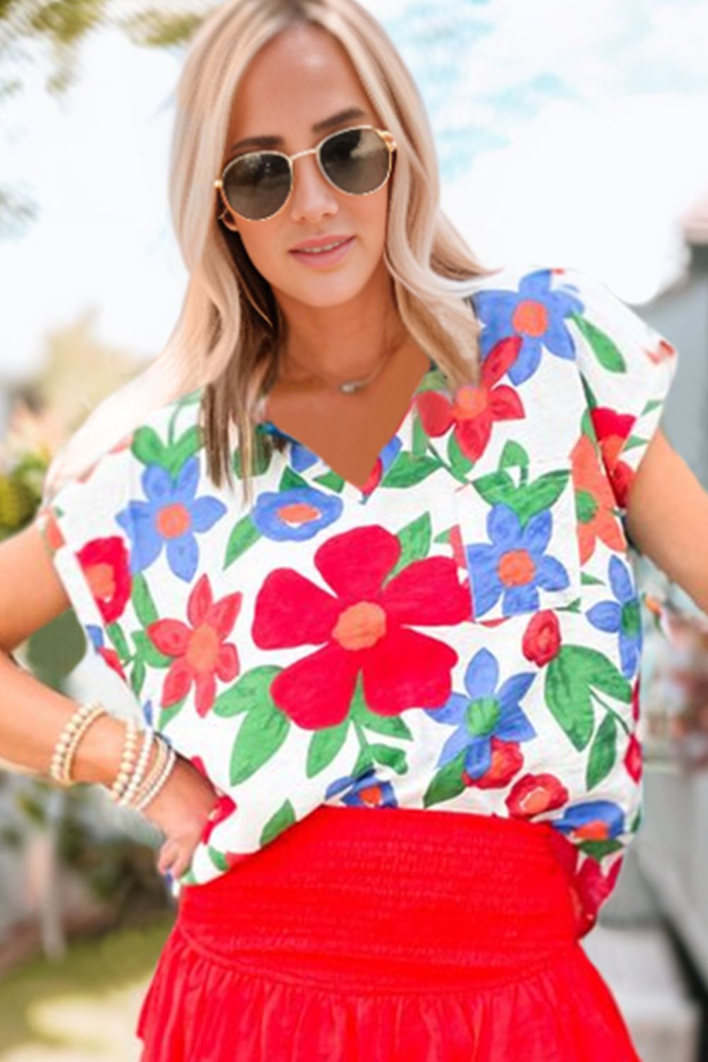 Floral V-Neck Short Sleeve Top Print on any thing USA/STOD clothes