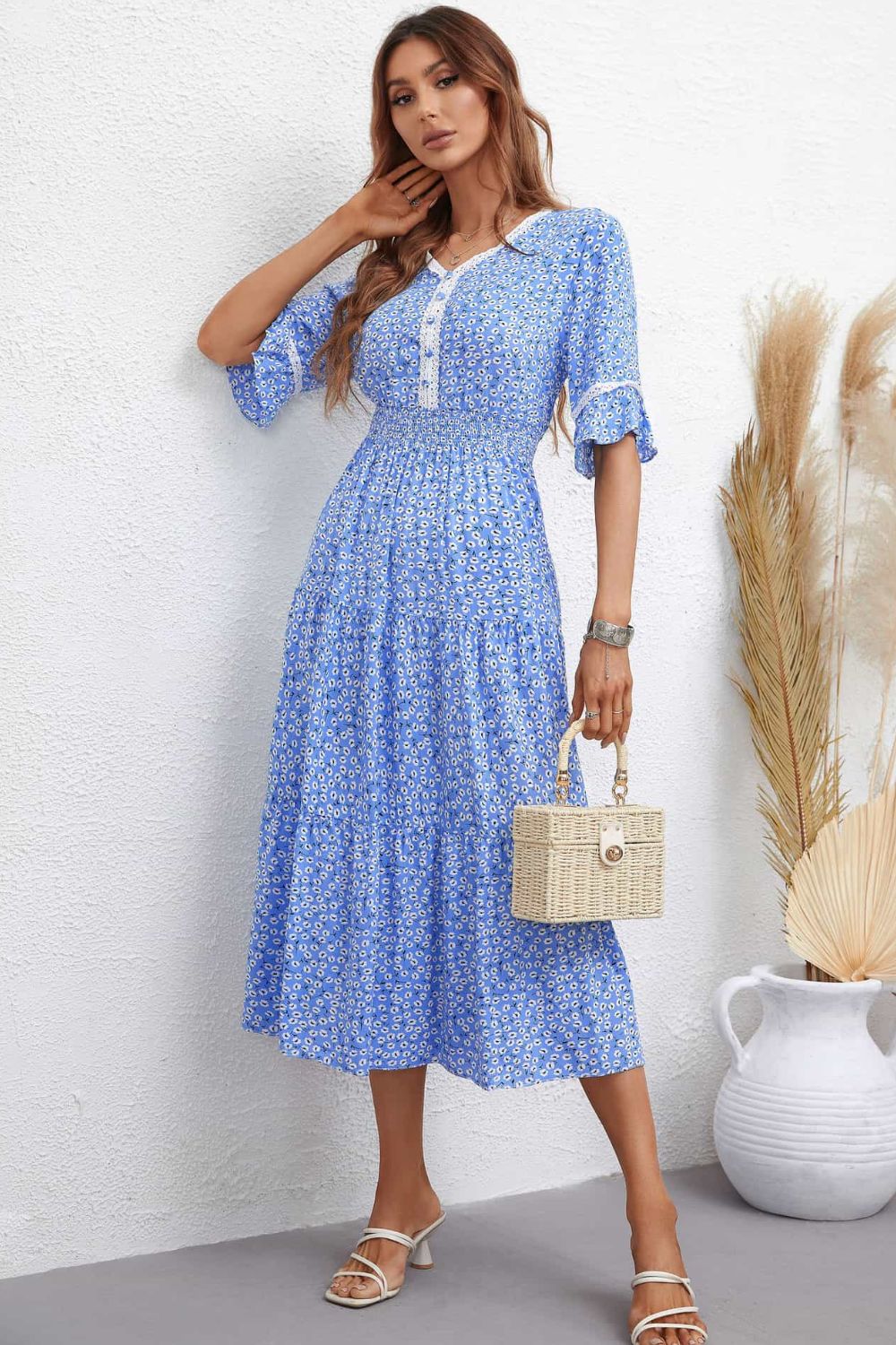 Floral V-Neck Smocked Waist Midi Dress Print on any thing USA/STOD clothes