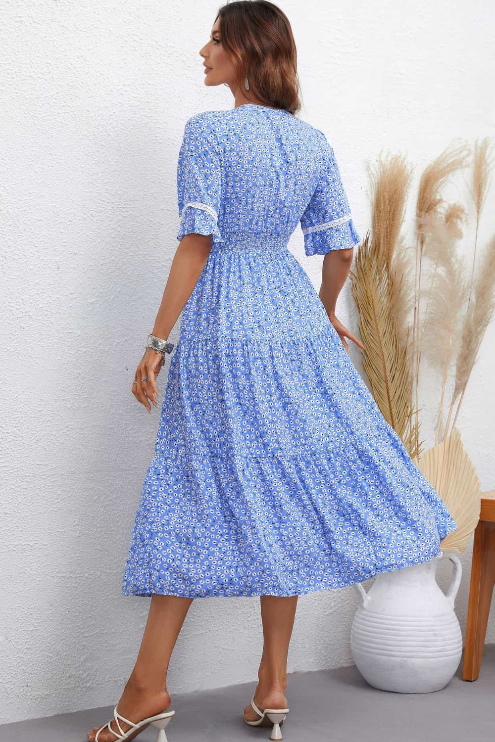 Floral V-Neck Smocked Waist Midi Dress Print on any thing USA/STOD clothes