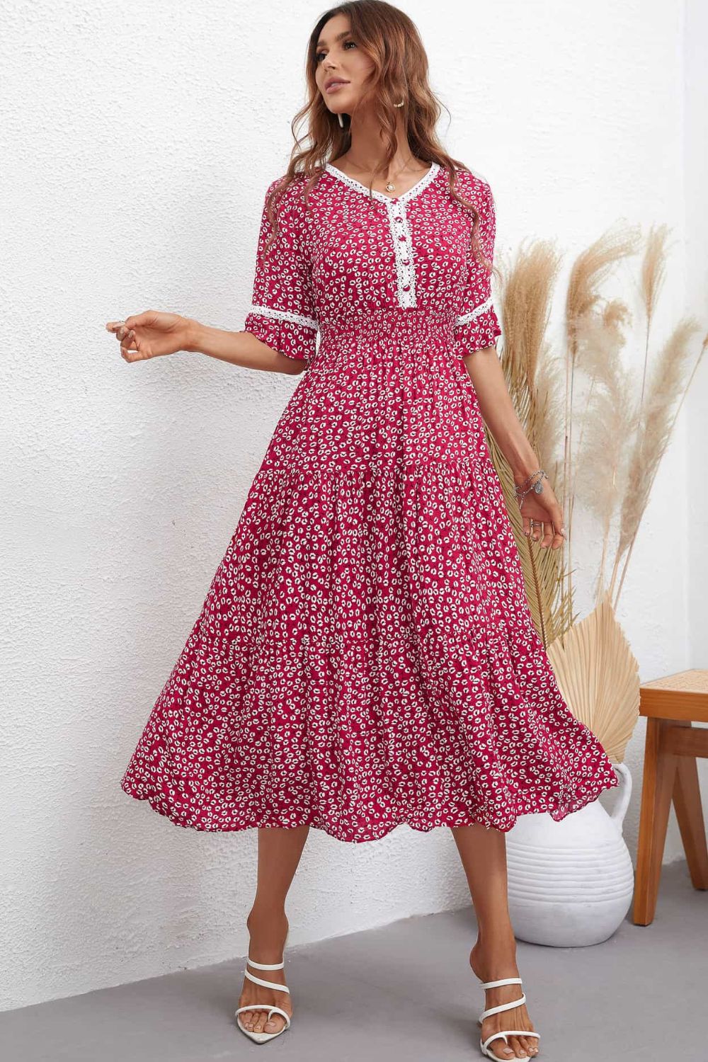 Floral V-Neck Smocked Waist Midi Dress Print on any thing USA/STOD clothes